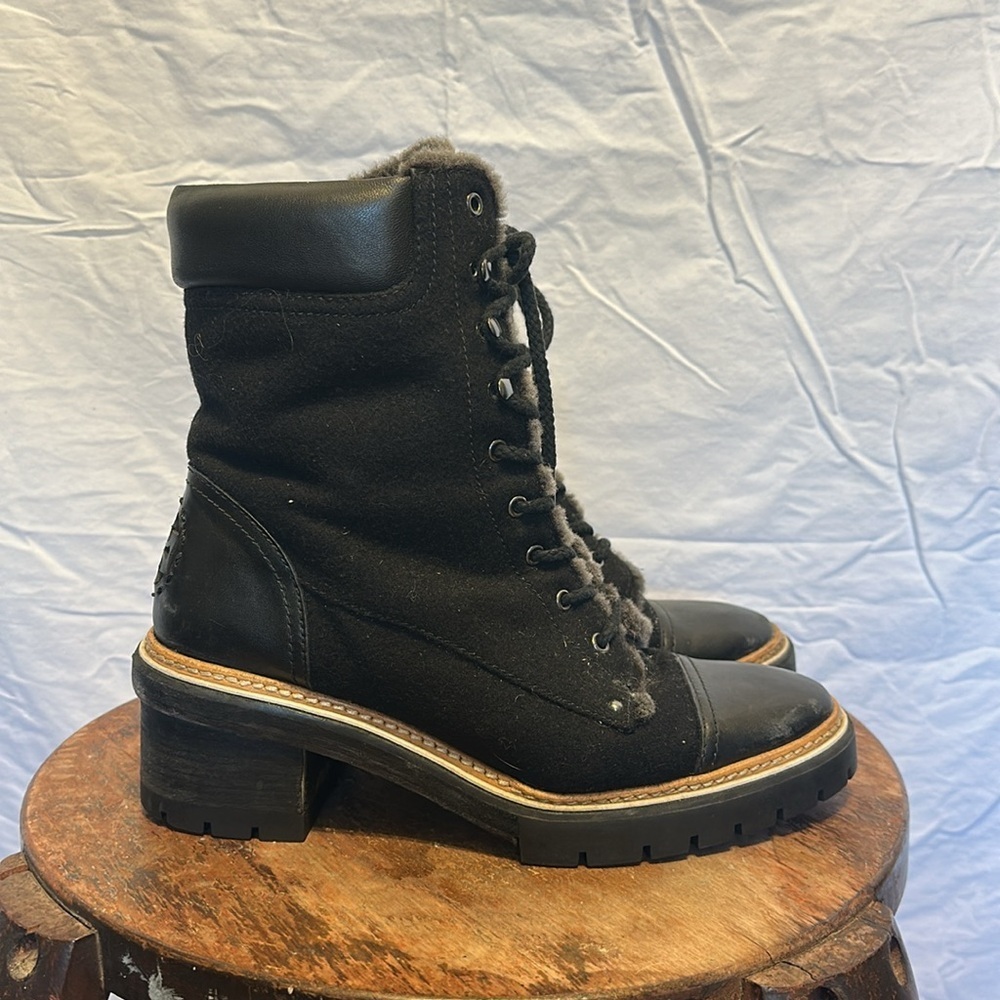 Tory Burch Shearling Wool Leather Miller Lug Sole Black/Grey Bootie size 10.5 - Picture 2 of 10